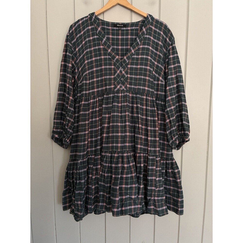 Madewell Flannel Colette Mini Dress 10 Midnight Green Plaid Cottagecore V-Neck
